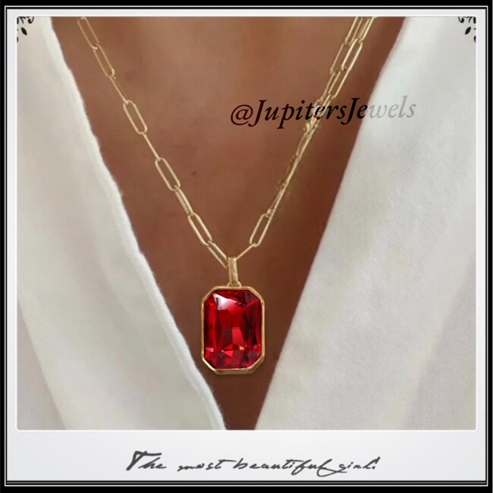 14k Gold Crystal Cut Ruby Red Minimalist Paperclip Necklace
